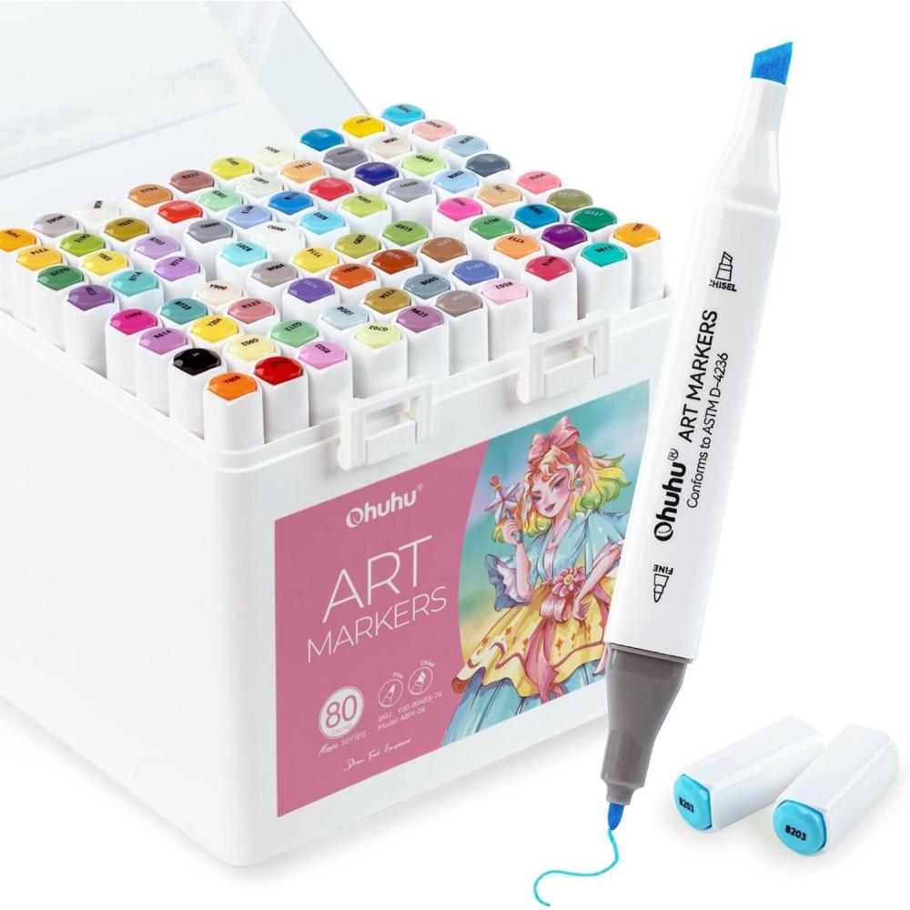 imageOhuhu Markers for Starters 80color Chisel ampamp Fine Dual Tips Alcohol Markers Coloring Illustration Sketching Alcohol Art Marker Set for Adult Beginner Great Value Pack for Students Art Class Manoa