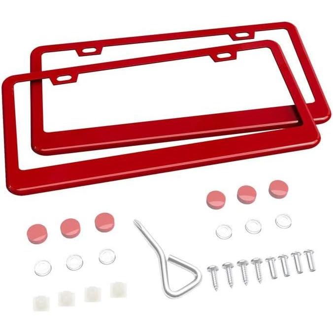 imageOhuhu Matte Aluminum License Plate Frame with Red Screw Caps 2Pcs 2 Holes Red Licenses Plates Frames Car Licenses Plate Covers Holders for US VehiclesRed