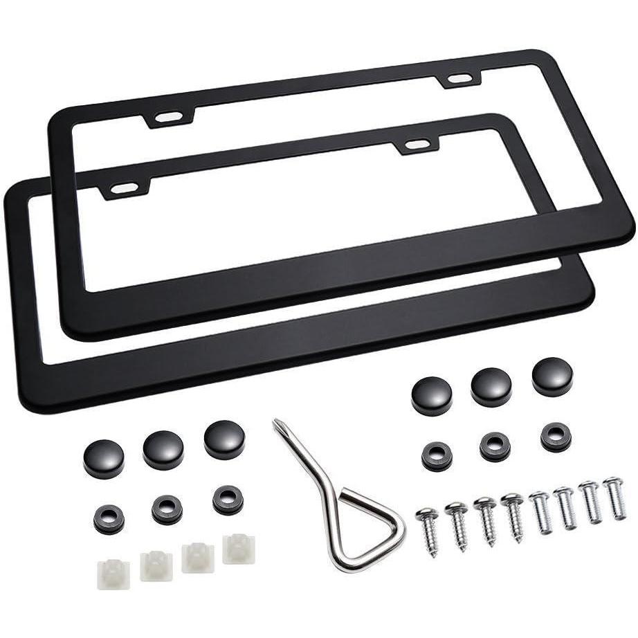 imageOhuhu Matte Aluminum License Plate Frame with Red Screw Caps 2Pcs 2 Holes Red Licenses Plates Frames Car Licenses Plate Covers Holders for US VehiclesBlack