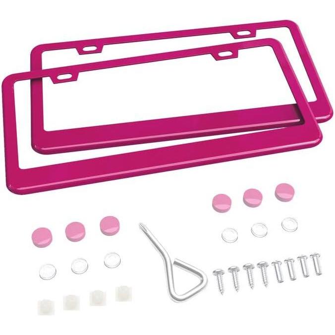 imageOhuhu Matte Aluminum License Plate Frame with Rose Red Screw Caps 2Pcs 2 Holes Rose Red Licenses Plates Frames for Women Car Licenses Plate Covers Holders for US Vehicles