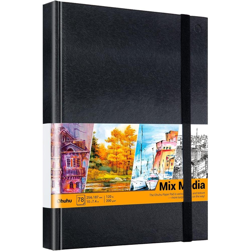 imageOhuhu Mix Media Pad  10quotx74quot Mixed Media Art Sketchbook 120 lb200 gsm Heavyweight Papers 78 Sheets156 Pages PU Hardcover Mixed Media Paper Pad for Acrylic Painting Christmas Gift10x74 IN