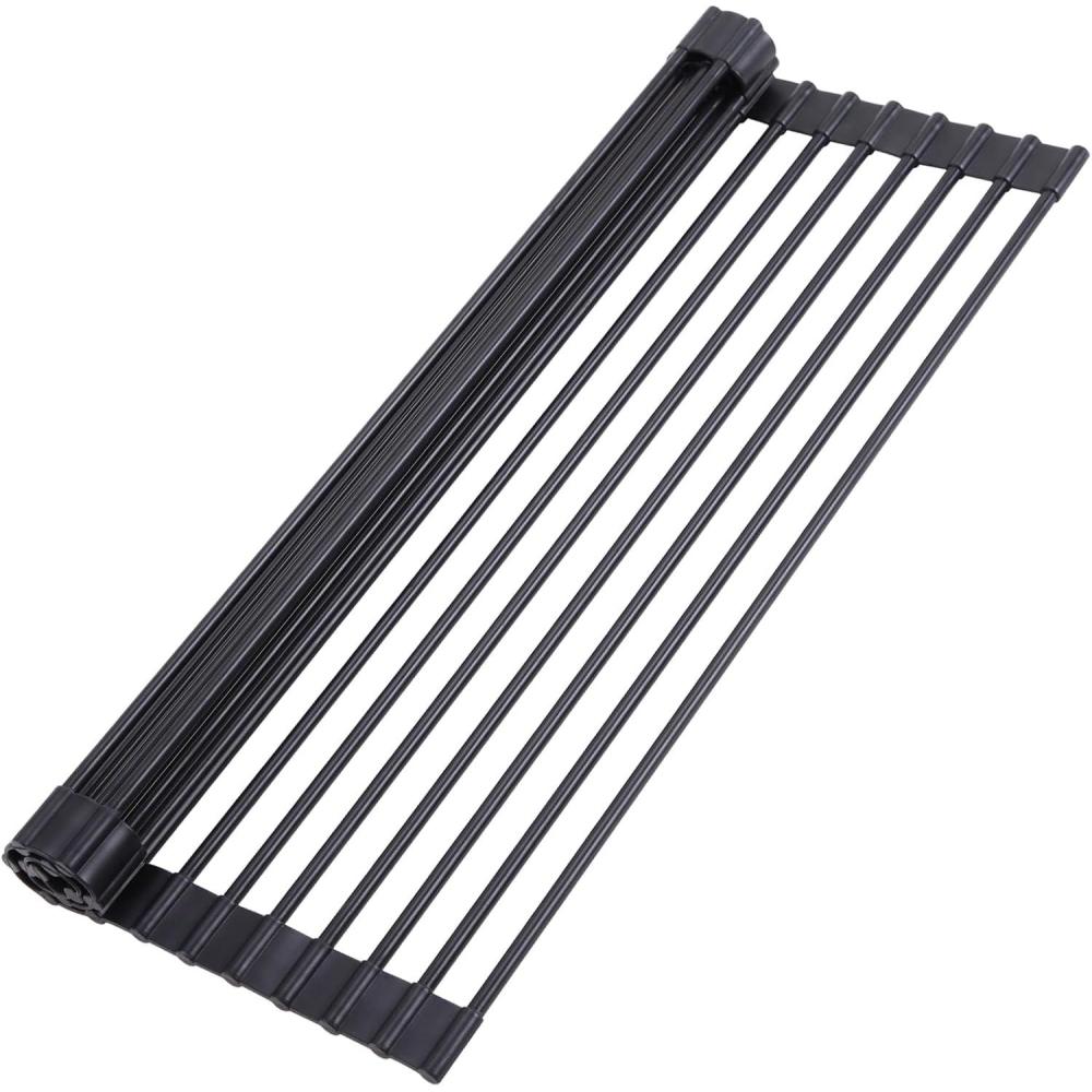 imageOhuhu Over Sink Dish Drying Rack Silicone Wrapped 176quot W x 154quot L Large Over The Sink Roll Up Dish Drainer  Foldable Sink Drying Rack Rolling Drain Mats AntiSlip Multipurpose for Kitchen CounterBlack