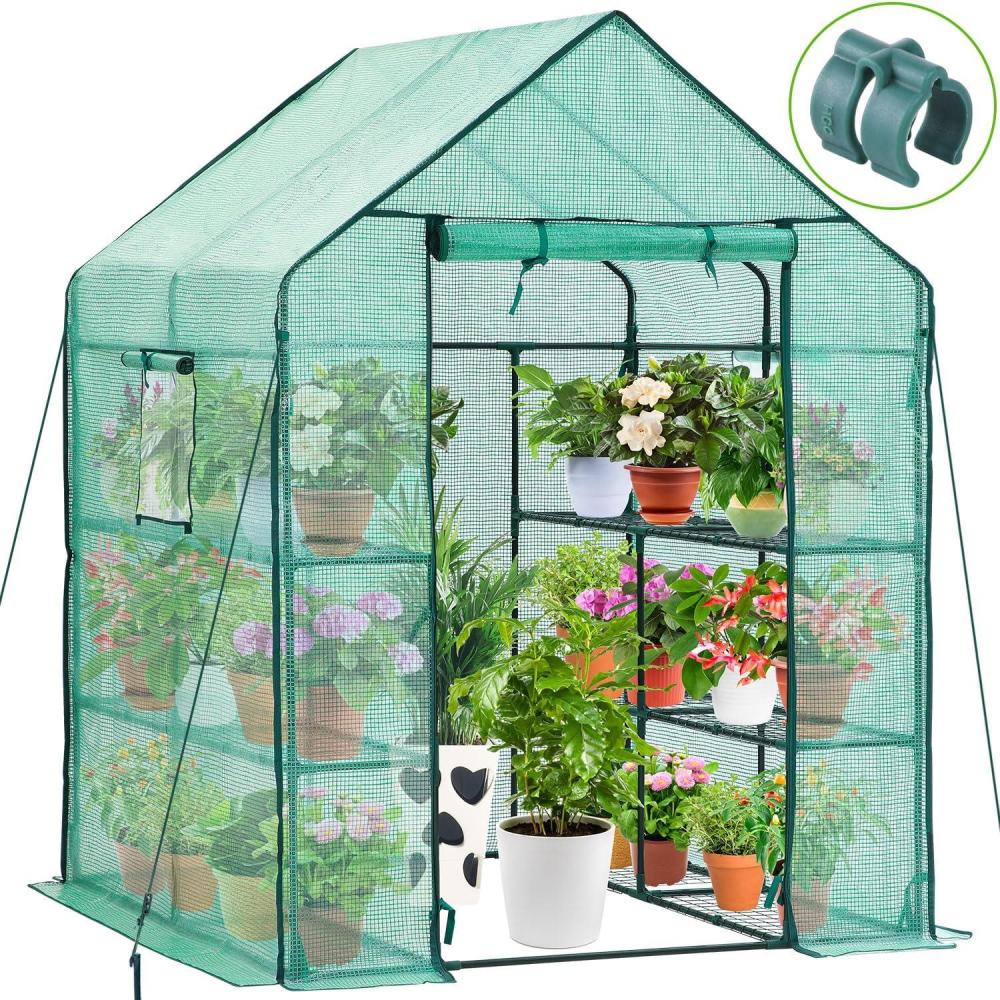 imageOhuhu Plastic Greenhouse for Outdoors Portable Walk in Plant Green House with Improved Transparent PVC Cover 3 Tiers 12 Shelves Stands Small Greenhouses Backyard Green Houses for Outside Heavy DutyPE Cover