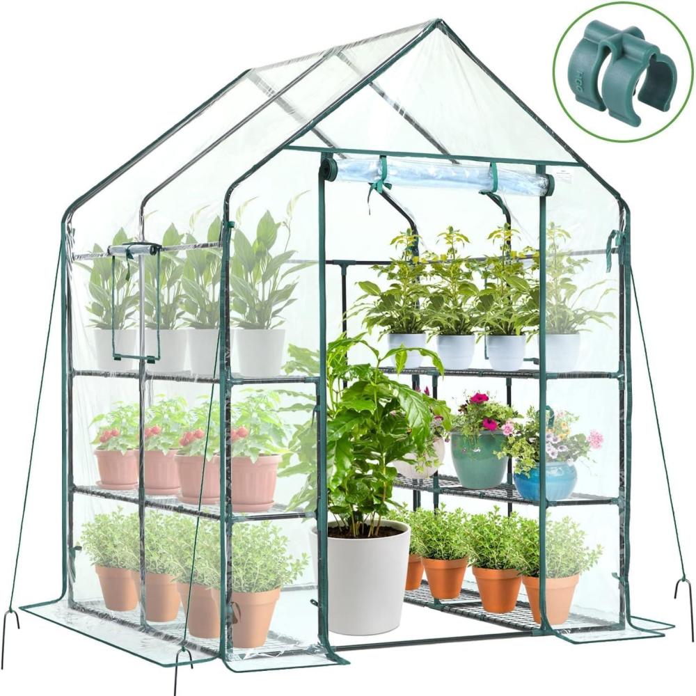 imageOhuhu Plastic Greenhouse for Outdoors Portable Walk in Plant Green House with Improved Transparent PVC Cover 3 Tiers 12 Shelves Stands Small Greenhouses Backyard Green Houses for Outside Heavy DutyClear PVC Cover