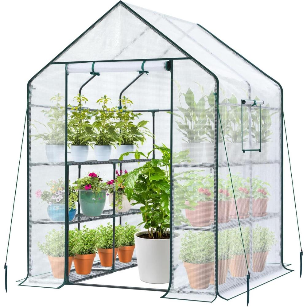 imageOhuhu Plastic Greenhouse for Outdoors Portable Walk in Plant Green House with Improved Transparent PVC Cover 3 Tiers 12 Shelves Stands Small Greenhouses Backyard Green Houses for Outside Heavy DutyWhite PE Cover