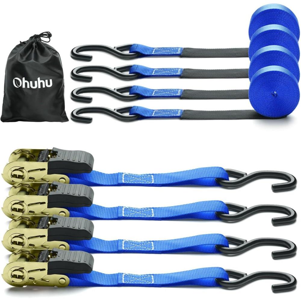 imageOhuhu Ratchet Tie Down Straps  4 Pack  15 Ft  500 Lbs Load Cap with 1500 Lb Breaking Limit Cargo Car Truck Roof Rack Rachet Strap Set for Lawn Equipment Moving Appliances Motorcycle  Blue