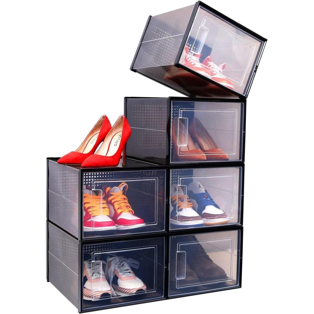 imageOhuhu Shoe Storage Ultra Large Shoe Organizer Heavy Duty 6 Pack Plastic Storage Bins Container Boxes Clear Stackable Sneaker Case Drawers Front Opening for Closet and Entryway Fit up to US Size 14Black