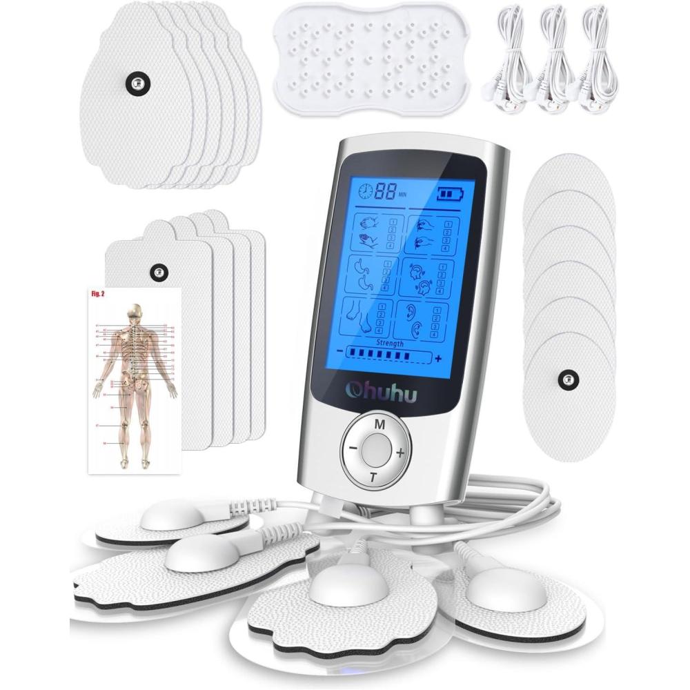 imageOhuhu Tens Unit Muscle Stimulator 24 Modes Rechargeable Tens Stimulator Machine16 Pads Electric EMS Unit Massager Acupoint Map Included for Back Shoulder Legs Pain Relief Mother Father GiftSilver