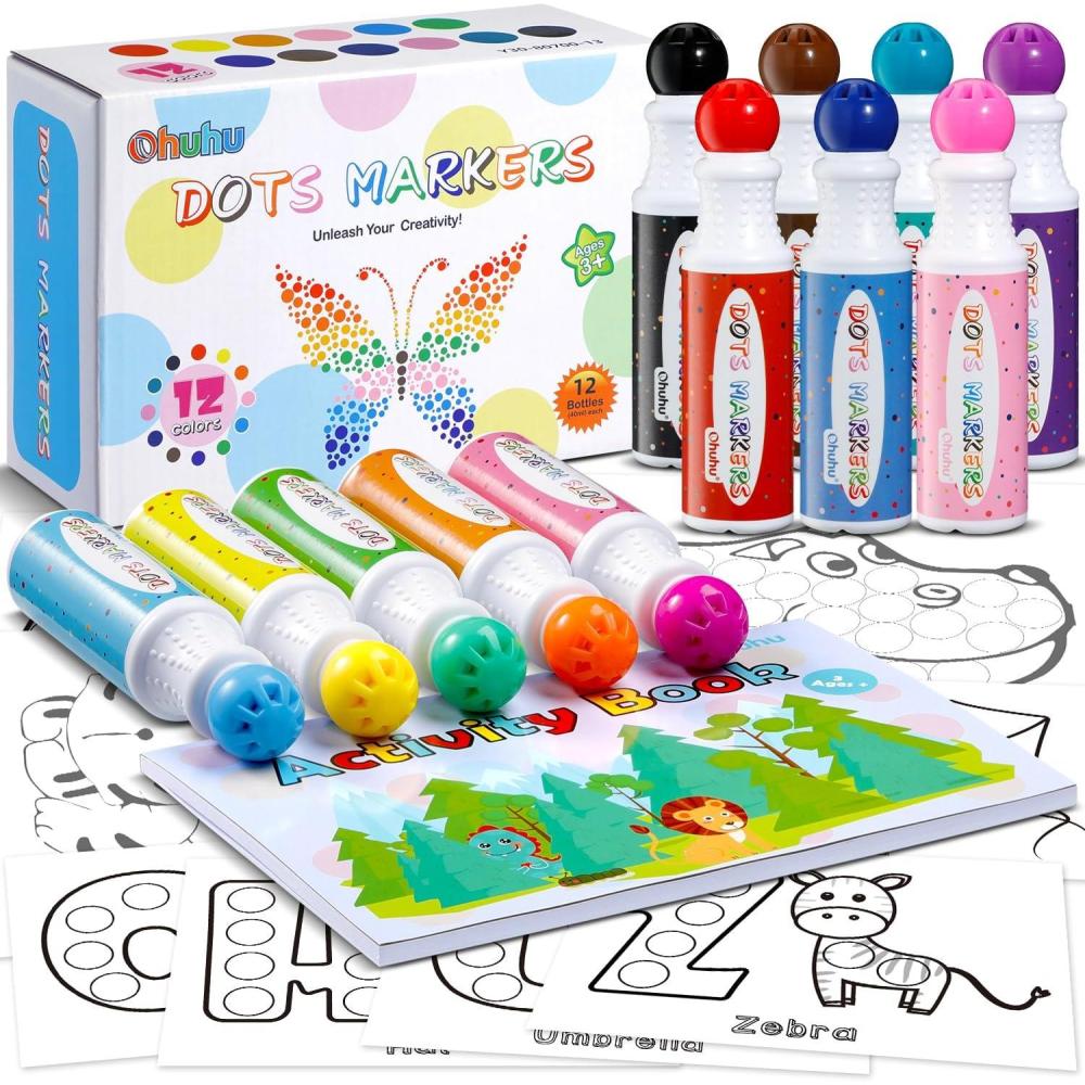 imageOhuhu Washable Dot Markers for Toddler 12 Colors Bingo Daubers 40 ml 141 oz with 30 Pages Kids Activity Book for Kids Children 3 Ages  Preschool NonToxic WaterBased Dot Art Markers