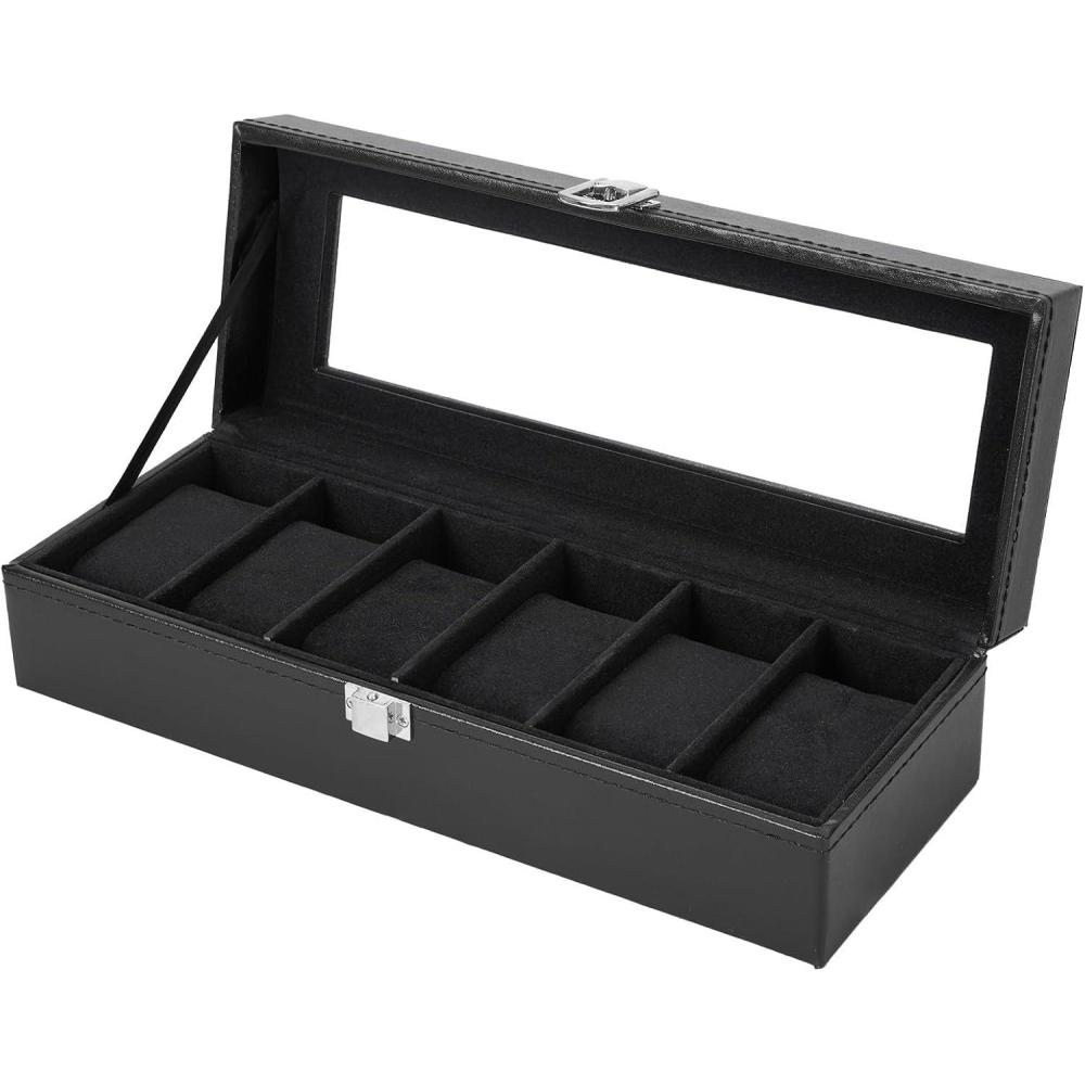 imageOhuhu Watch Case Watch Box Watch Holder for Men 12 Slot PU Leather Watch Holder Real Glass Lid Jewelry Organizer Storage Soft Velvet Watch Display Case for Men Women Fathers Day Valentines Day GiftsBlack