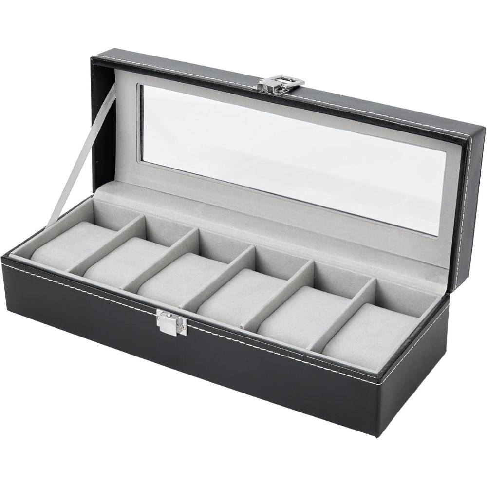 imageOhuhu Watch Case Watch Box Watch Holder for Men 12 Slot PU Leather Watch Holder Real Glass Lid Jewelry Organizer Storage Soft Velvet Watch Display Case for Men Women Fathers Day Valentines Day GiftsGray