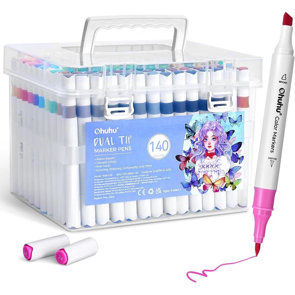 imageOhuhu Waterbased Markers for Adult Coloring Books No Bleeding 64 Colors Dual Tips Coloring Markers for Kids Adults Beginners Drawing Pens for Journaling Lettering Brush ampamp Chisel140 Colors
