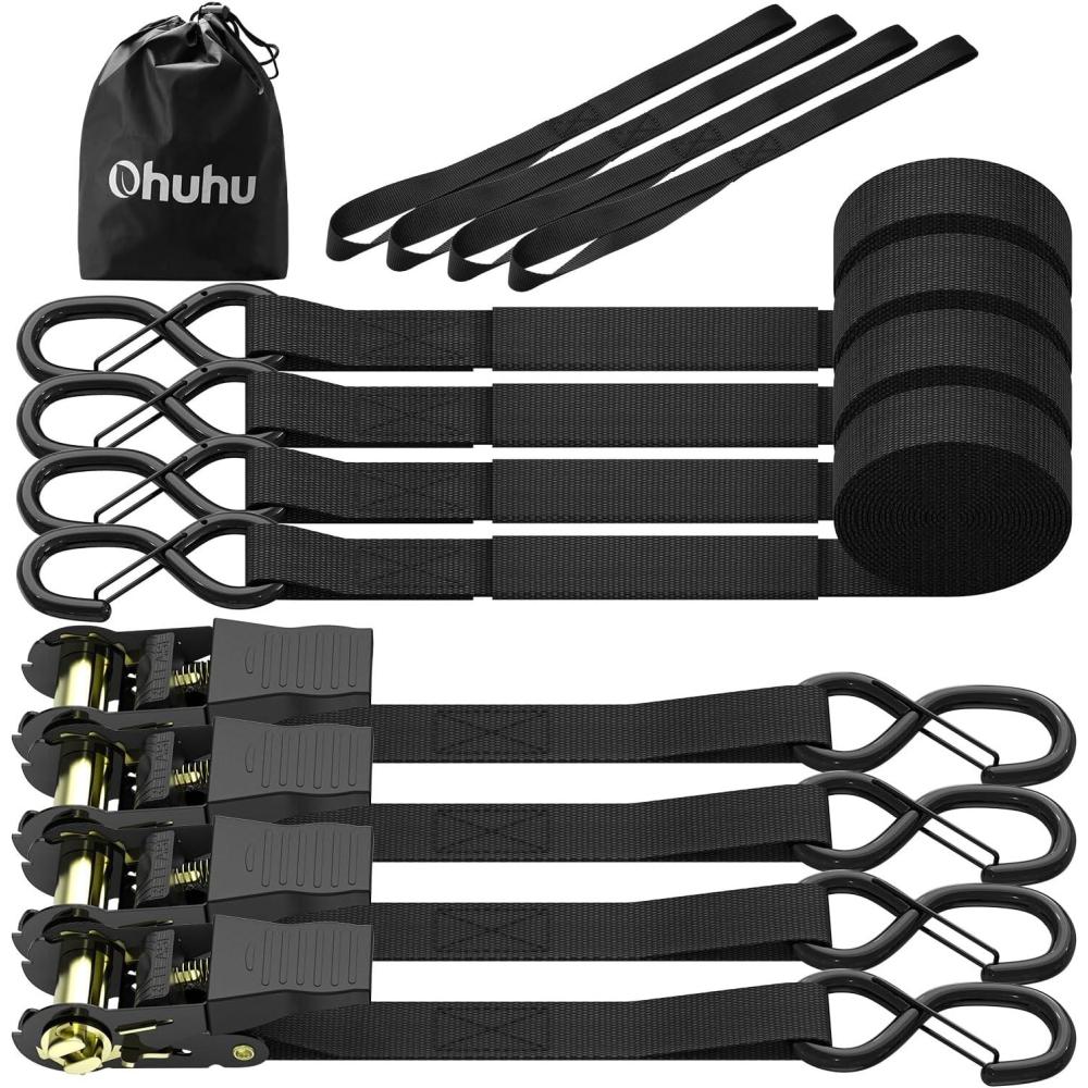 imageRatchet Tie Down Strap 15 Ft  500 lbs Load Cap with 1500 lbs Breaking Limit Ohuhu Ratchet Tie Downs Logistic Cargo Straps for Moving Appliances Motorcycle Grey 8PackBlack