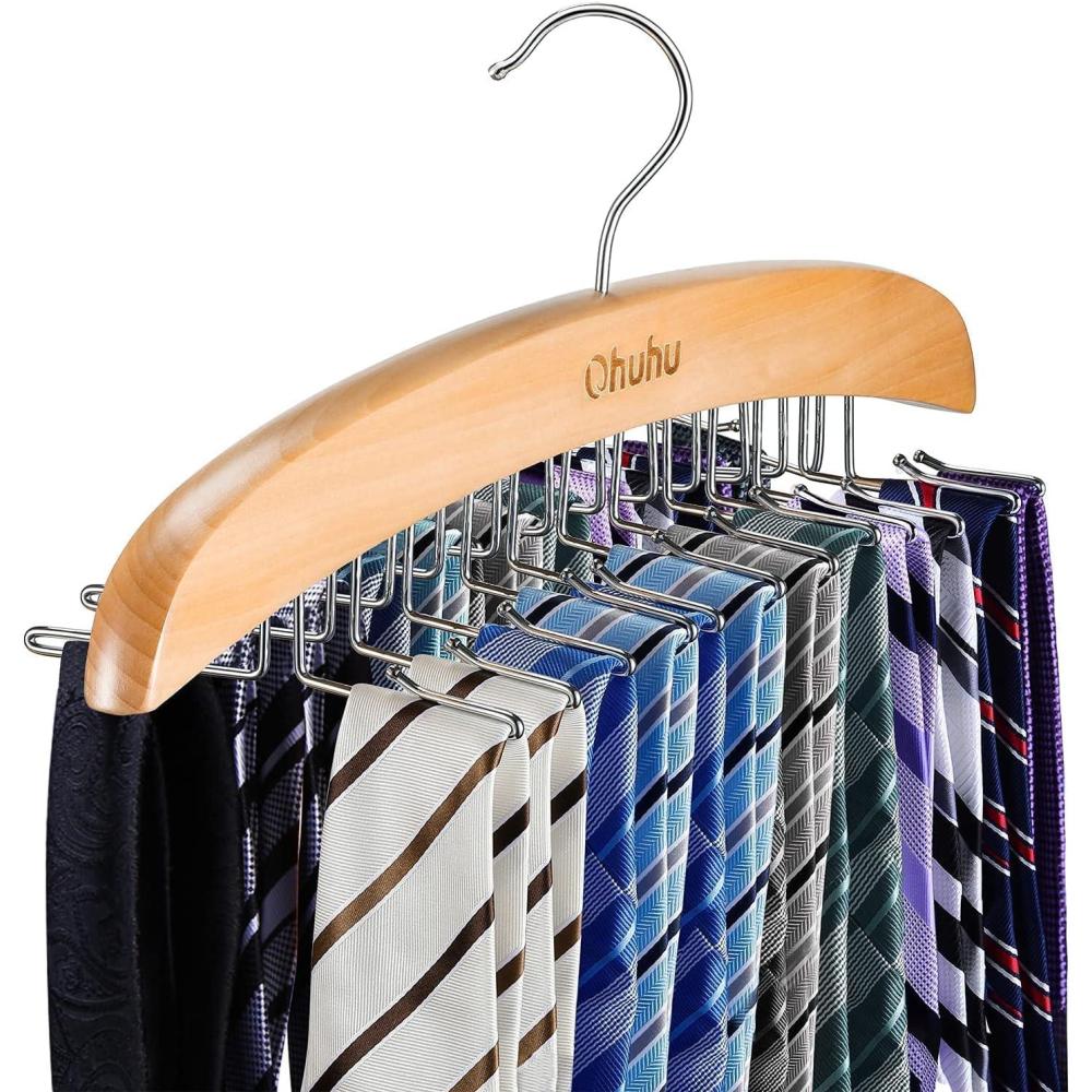 imageTie Rack Hanger for Closet Ohuhu 24 Folding Hooks Tie Hangers for Men Wooden Tie Holder Organizer Space Saving Necktie Storage 360 Degree Rotating Ties Belts Scarves Tank Tops AccessoriesWalnutBurlywood