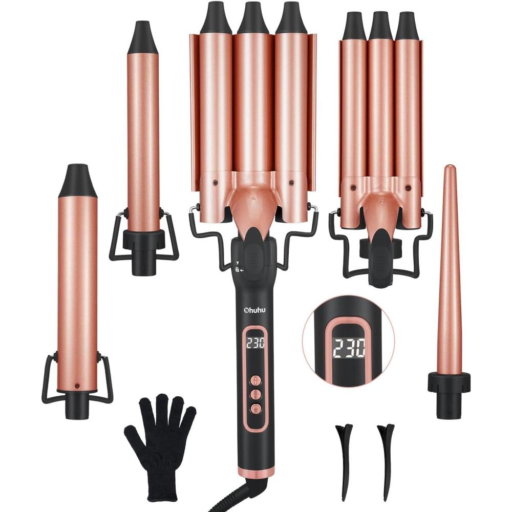 imageWaver Curling Iron Wand Set Ohuhu 5 in 1 Curling Iron Set with 2 Size 075quot 1quot 3 Barrel Hair Crimper Beach Waves and 3 Interchangeable Wand 035quot125quot LED Display for Girls Women Mother Gift