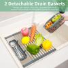 Ohuhu Over Sink Dish Drying Rack, Expandable Multipurpose Roll Up Dish Racks, Up to 23” with 2 Utensil Holders, Dish Drainer for Kitchen Counter Sink Organizer Heat-Resistant Mat