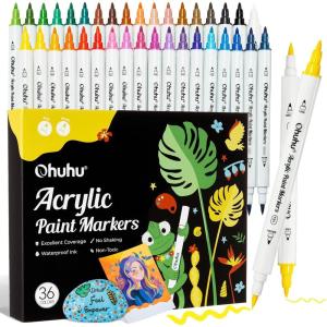 Ohuhu Acrylic Paint Markers Cotton-core: 36 Colors Dual Tips (Brush & Fine) Paint Pens High Opacity Acrylic Markers Waterproof Lightfast for Rock Painting Easter Eggs Wood Glass Ceramic Canvas(Brush & Fine)