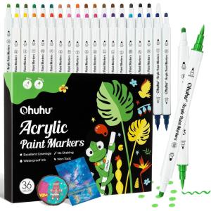 Ohuhu Acrylic Paint Markers Cotton-core: 36 Colors Dual Tips (Brush & Fine) Paint Pens High Opacity Acrylic Markers Waterproof Lightfast for Rock Painting Easter Eggs Wood Glass Ceramic Canvas(Brush & Dot)