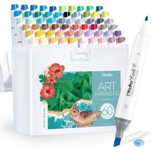 Ohuhu Alcohol Markers: 60 Colors Slim Broad and Fine Double Tipped Kaala Marker for Artists Adults Coloring Drawing Cartoon Anime Comic – Professional Art Pens with Ink Refillable Giftable Pen Set(Landscape Tones)