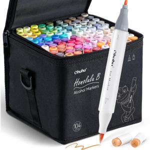 Ohuhu Alcohol Markers Brush Tip- 104-color Double Tipped Alcohol Based Art Marker Set for Artists Adults Coloring Illustration- Honolulu B of Ohuhu Markers- Dual Tip Brush & Fine- Refillable