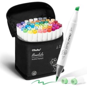 Ohuhu Alcohol Markers Brush Tip -Double Tipped Art Marker Set for Artist Adults Coloring Illustration -48 Colors -Brush & Fine -Honolulu B -Refillable(Chisel & Brush)