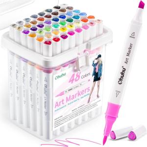 Ohuhu Markers: 48-Color Double Tipped Brush & Chisel Alcohol Markers for Adults Coloring Illustration, Alcohol-based Art Marker Set with Unique Designed Grip, Great Value Pack for Beginners(Illustration Tones)