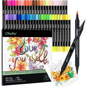 Ohuhu Markers Brush Tip 80-Colors with 72-Sheet Coloring Book – Double Tipped Markers for Adults Coloring Books – Art Marker Set Bundles with 100% Bleed-Proof Coloring Pages – Fine & Brush Dual Tips(48 Colors & 36 Pages Stress-Relief Coloring Book)