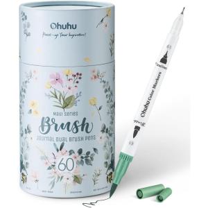 Ohuhu Markers for Adult Coloring Books No Bleeding 60 Colors Coloring Markers Water-based Dual Tips Fineliner & Brush Drawing Pens Art Pens for Kids Adults Sketch Journal – Maui – White(White Pen)