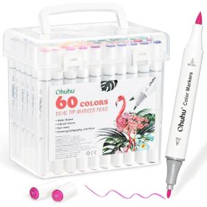 Ohuhu Markers for Adult Coloring Books No Bleeding 60 Colors Water-based Dual Tips Brush & Fine Coloring Markers for Kids Adults Beginners Drawing Pens for Journaling Lettering