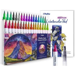 Ohuhu Professional Watercolor Brush Markers 36 Colors Water-based Real Nylon Brush Tip Marker Pens with 12-Sheet Watercolor Pad & A Blending Aqua Pen for Coloring Calligraphy Artist Mothers Gift