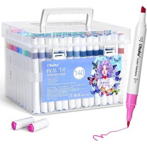 Ohuhu Water-based Markers for Adult Coloring Books No Bleeding 64 Colors Dual Tips Coloring Markers for Kids Adults Beginners Drawing Pens for Journaling Lettering (Brush & Chisel)(140 Colors)