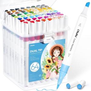 Ohuhu Water-based Markers for Adult Coloring Books No Bleeding 64 Colors Dual Tips Coloring Markers for Kids Adults Beginners Drawing Pens for Journaling Lettering (Brush & Chisel)(64 Colors)