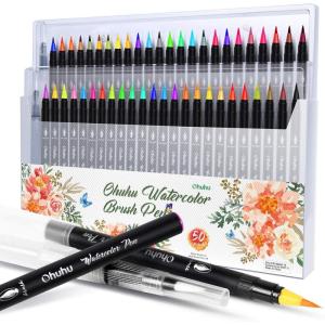 Professional Watercolor Brush Markers Pen 24 Colors of Ohuhu, Water Based Drawing Marker Brushes W/A Blending Aqua Pen, Water Soluble for Adult Coloring Books Comic Calligraphy(50)
