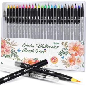 Professional Watercolor Brush Markers Pen 24 Colors of Ohuhu, Water Based Drawing Marker Brushes W/A Blending Aqua Pen, Water Soluble for Adult Coloring Books Comic Calligraphy(25)