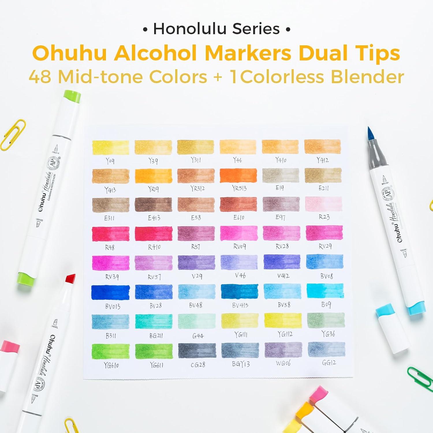 imageOhuhu Alcohol Brush Markers 48 Midtone Colors Double Tipped Alcohol Based Art Marker Set for Artists Adults Coloring Sketch Illustration Brush ampamp Fine Dual Tips Honolulu B RefillableChisel  Brush