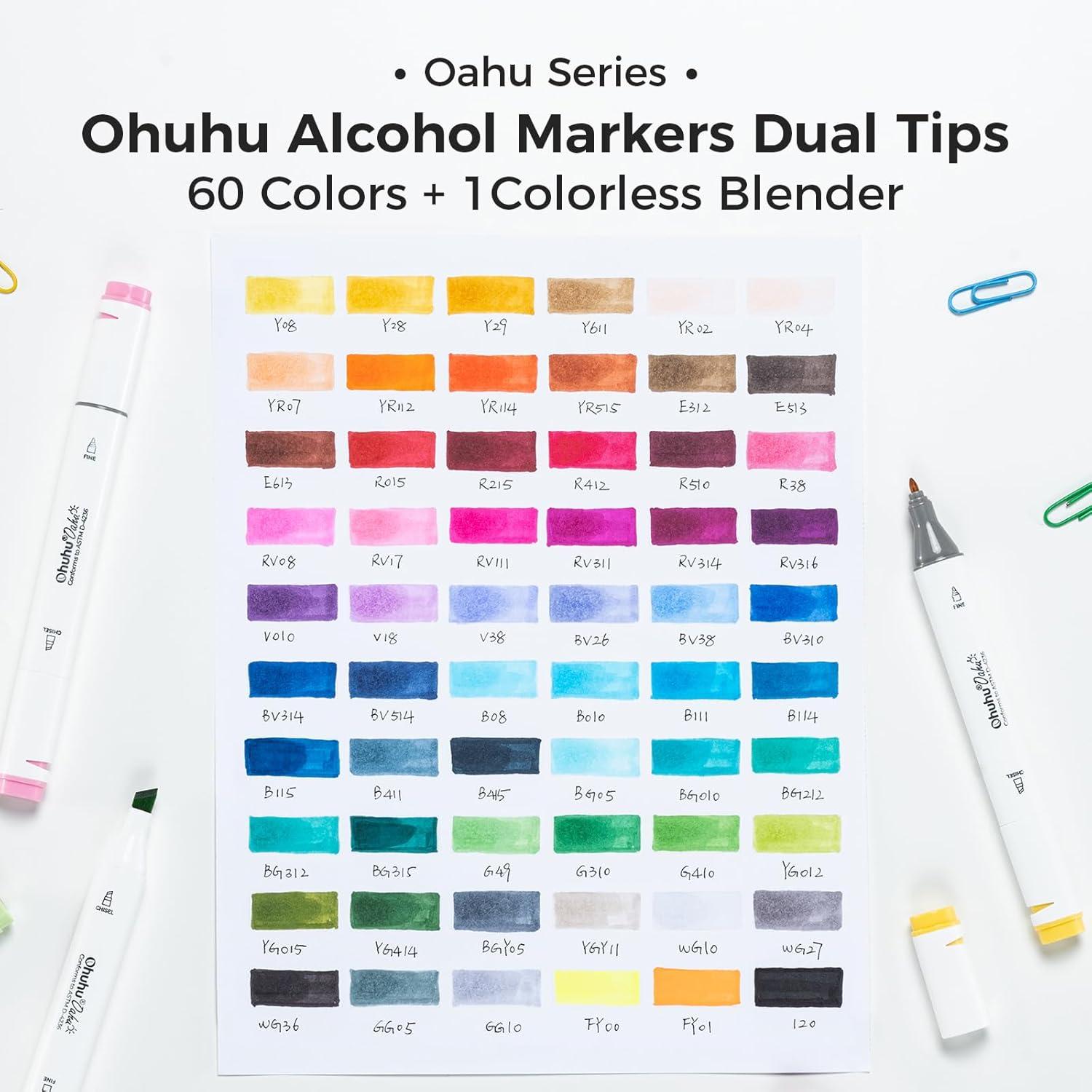 imageOhuhu Alcohol Markers  Double Tipped Art Marker Set for Artist Adults Coloring Sketching Illustration  60 Colors  Chisel ampamp Fine Dual Tips  Refillable Ink  Oahu Series of Ohuhu Markers