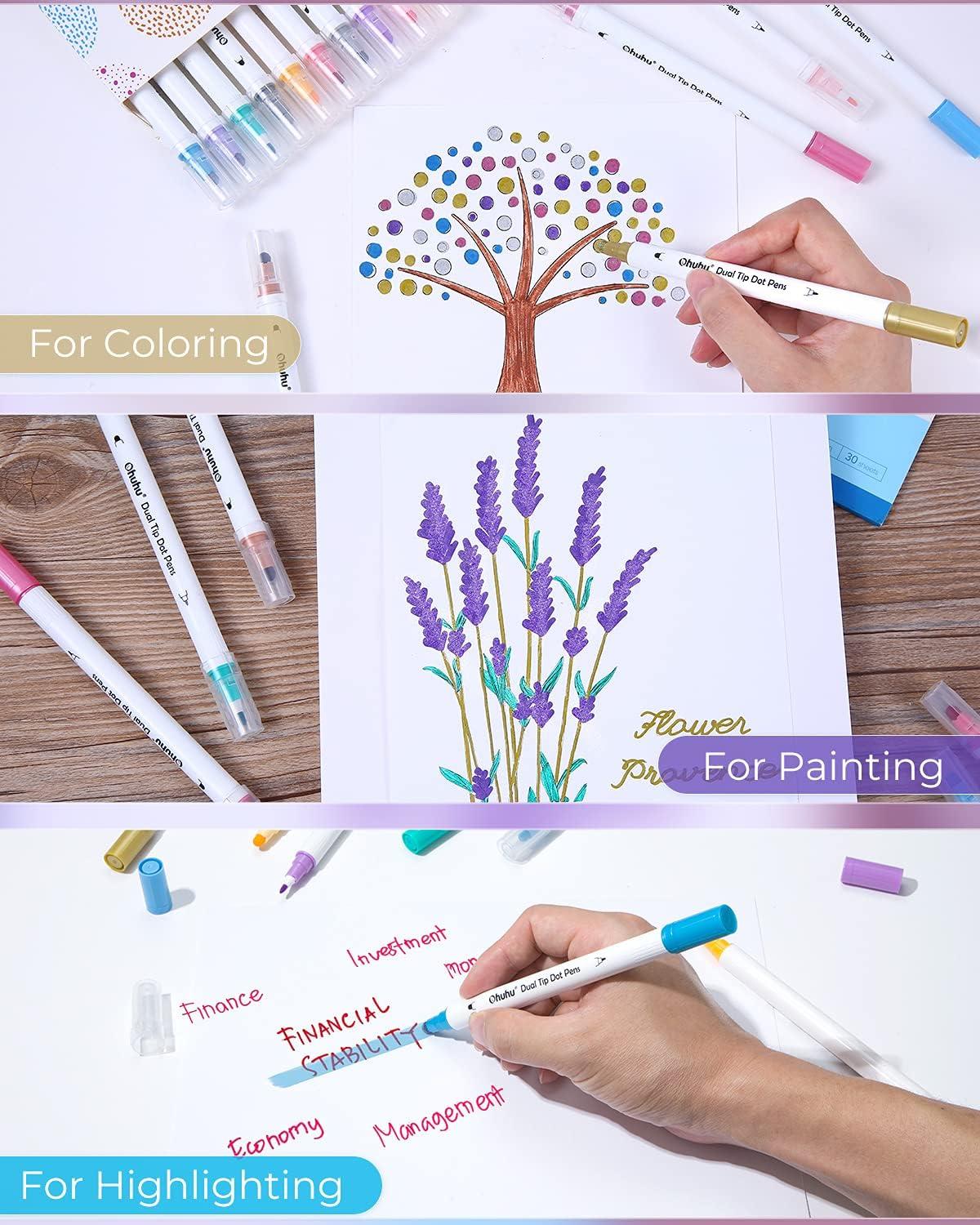 imageOhuhu Dual Tip Dot Markers 15 Colors Dot Marker Pens Fine ampamp Dot for Kids Adults WaterBased Ink Metallic ampamp Regular Colors Dot Pens for Journaling Scrapbooking DIY Highlighting Drawing Markers