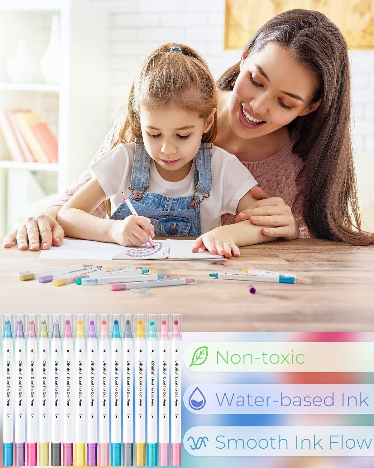 imageOhuhu Dual Tip Dot Markers 15 Colors Dot Marker Pens Fine ampamp Dot for Kids Adults WaterBased Ink Metallic ampamp Regular Colors Dot Pens for Journaling Scrapbooking DIY Highlighting Drawing Markers