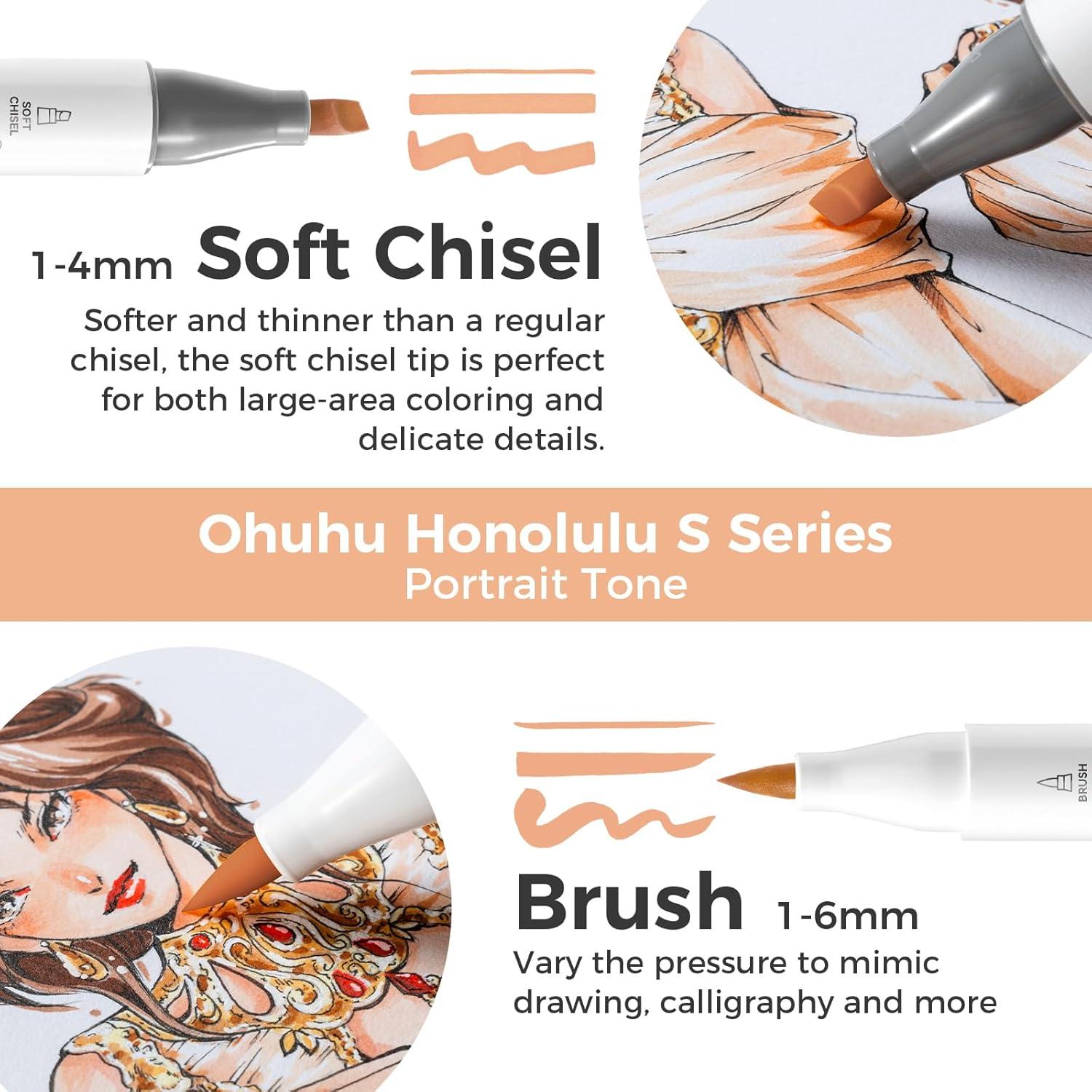 imageOhuhu Skin Tone Alcohol Markers Brush Tip  24 Portrait Color Markers for Artist Adults Coloring Illustration  Chisel ampamp Brush  Honolulu  RefillableBrush Soft Chisel