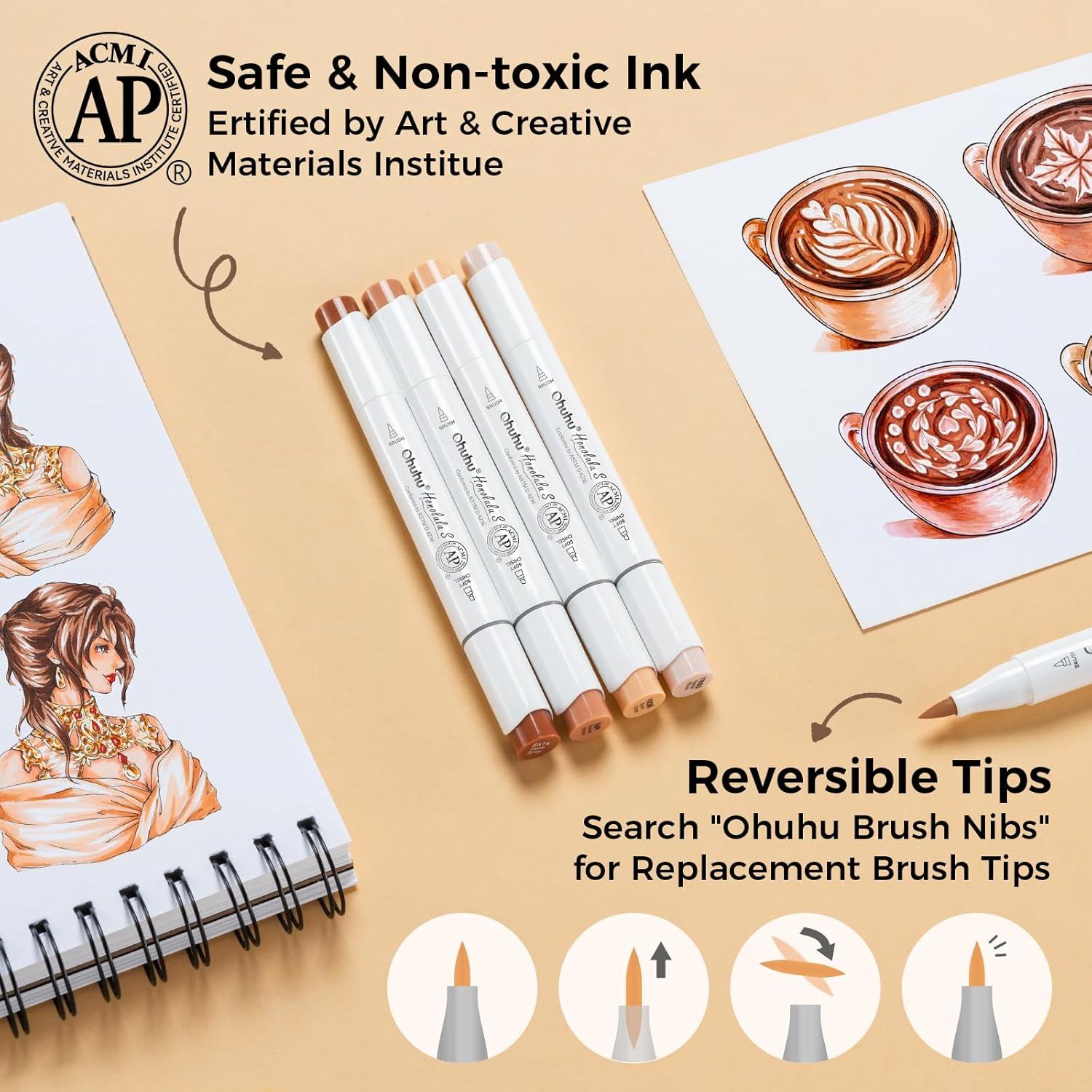 imageOhuhu Skin Tone Alcohol Markers Brush Tip  24 Portrait Color Markers for Artist Adults Coloring Illustration  Chisel ampamp Brush  Honolulu  RefillableBrush Soft Chisel