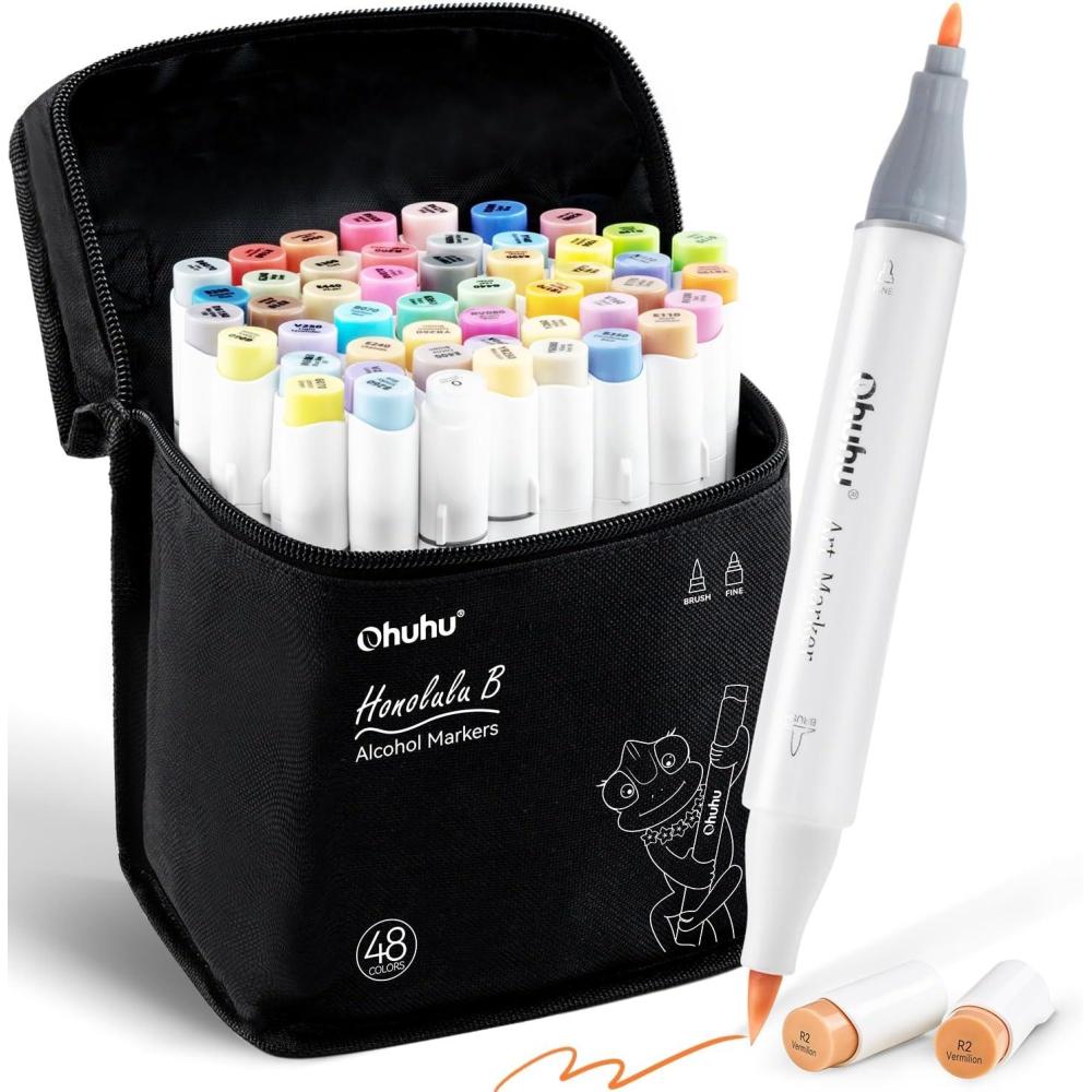 imageOhuhu Alcohol Brush Markers 48 Midtone Colors Double Tipped Alcohol Based Art Marker Set for Artists Adults Coloring Sketch Illustration Brush ampamp Fine Dual Tips Honolulu B RefillableFine  Brush