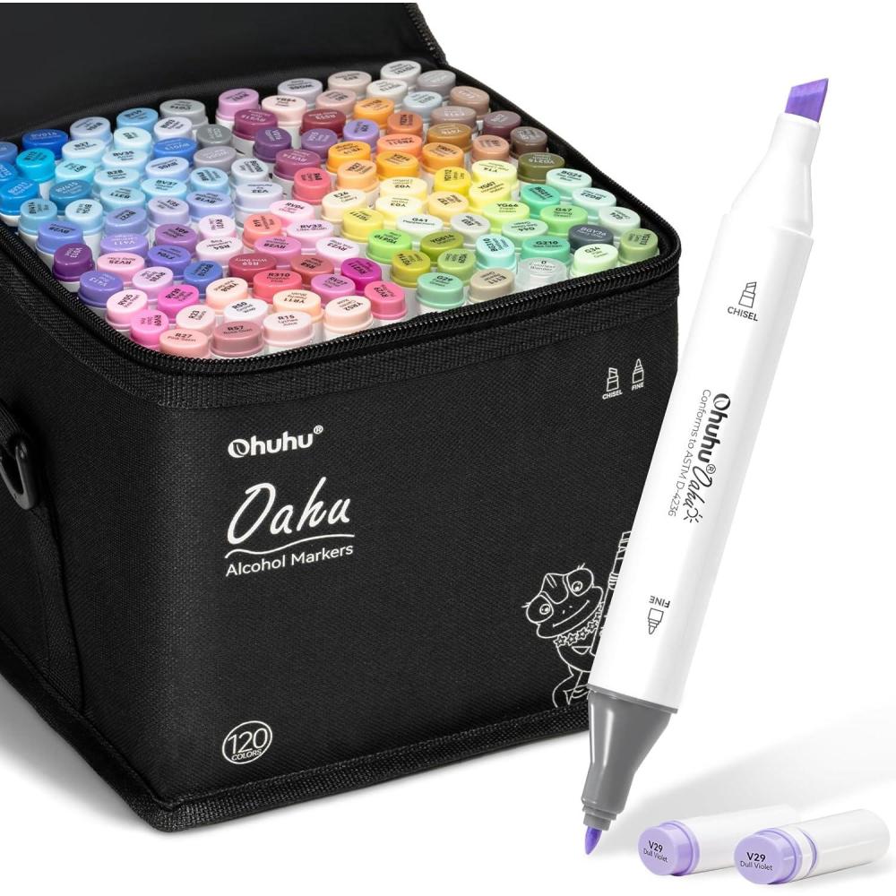 imageOhuhu Alcohol Markers 120color Marker Set for Artists Oahu Series Double Tipped Alcohol Based Art Markers for Adults Coloring Sketching Illustration Marker Case Fine ampamp Chisel