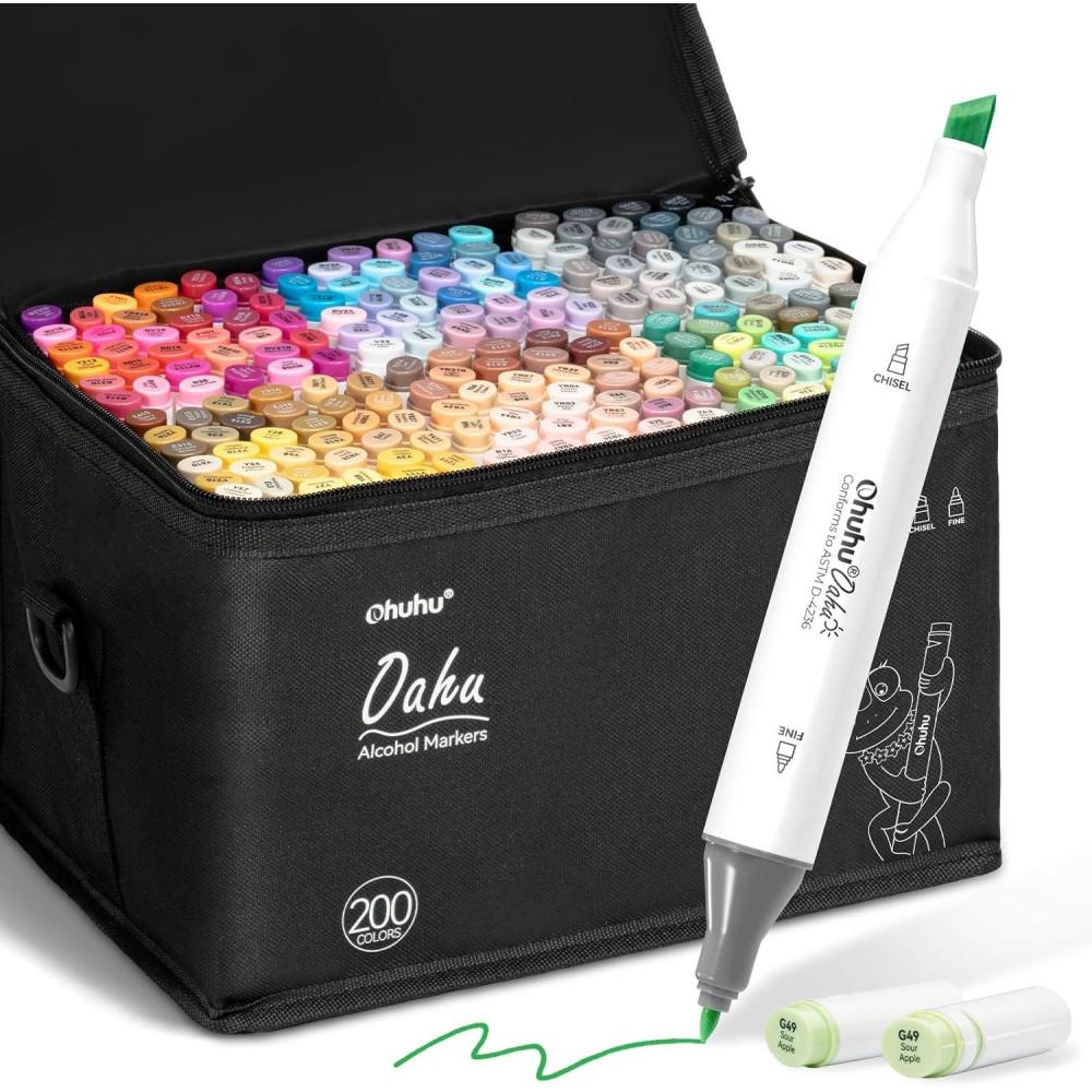 imageOhuhu Alcohol Markers 200 Colors  Double Tipped Art Drawing Marker Set for Artists Adults Coloring Sketch Illustration  Chisel ampamp Fine Dual Tip  Oahu of Ohuhu Markers  Alcoholbased Refillable Ink