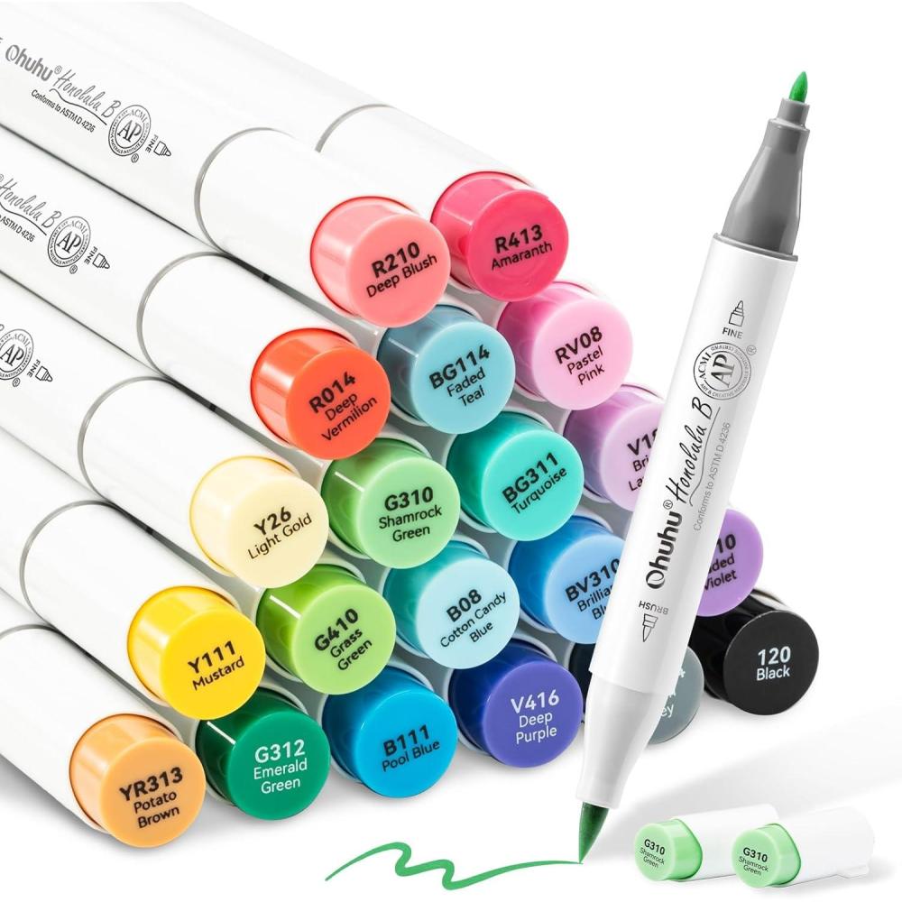 imageOhuhu Alcohol Markers Brush Tip Double Tipped Alcohol Based Art Marker Set for Artist Sketching Adult Coloring Illustration  24 Basic Colors w 1 Colorless Blender  Brush ampamp Fine  Honolulu BBrush  Fine