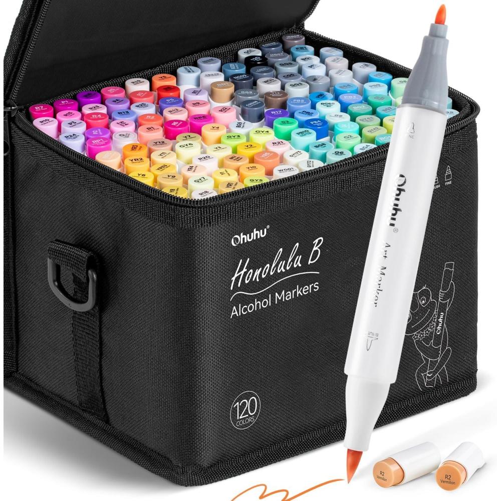 imageOhuhu Alcohol Markers Brush Tip Double Tipped Art Marker Set for Artist Adults Coloring Illustration  120 Colors Brush ampamp Chisel Dual Tips Honolulu of Ohuhu Markers Refillable Alcoholbased InkFine  Brush