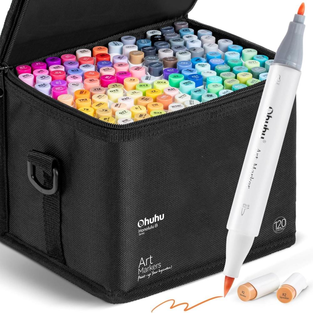 imageOhuhu Alcohol Markers Brush Tip Double Tipped Art Marker Set for Artist Adults Coloring Illustration 120 Colors Brush ampampFine Honolulu BRefillable