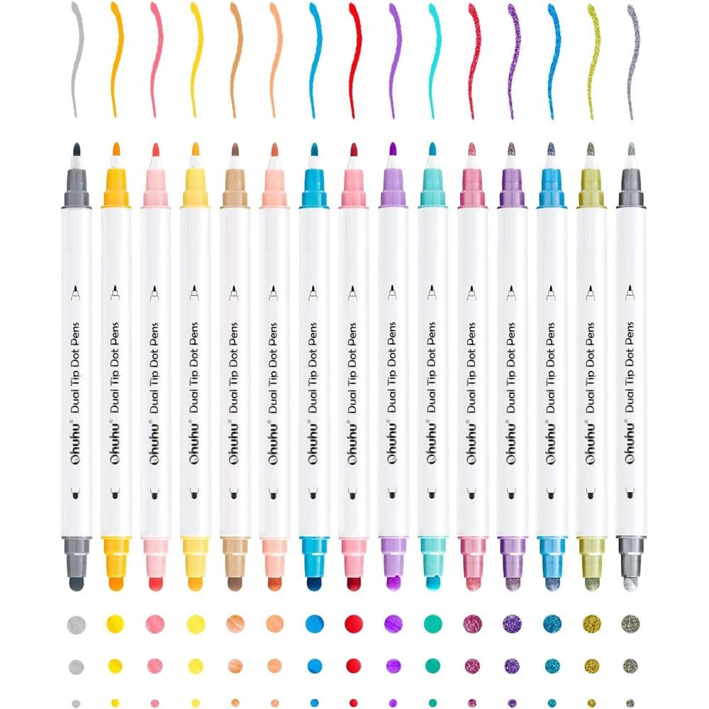 imageOhuhu Dual Tip Dot Markers 15 Colors Dot Marker Pens Fine ampamp Dot for Kids Adults WaterBased Ink Metallic ampamp Regular Colors Dot Pens for Journaling Scrapbooking DIY Highlighting Drawing Markers