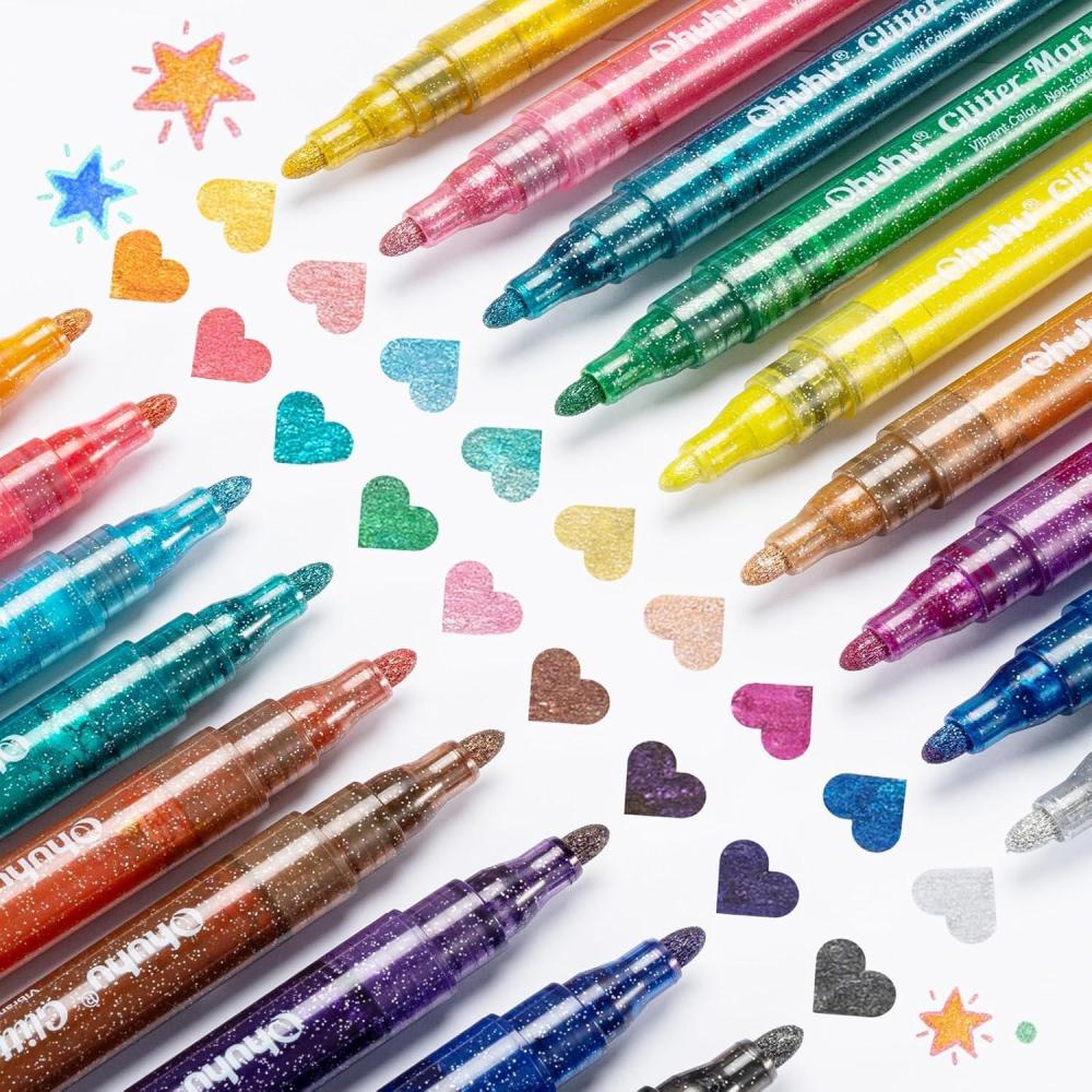 imageOhuhu Glitter Markers Pen 18 Glitter Colors Metallic Shimmer Marker Round Tip Waterbased Ink for Kids Adults DIY Crafts Greeting Birthday Cards Making Mugs Wood