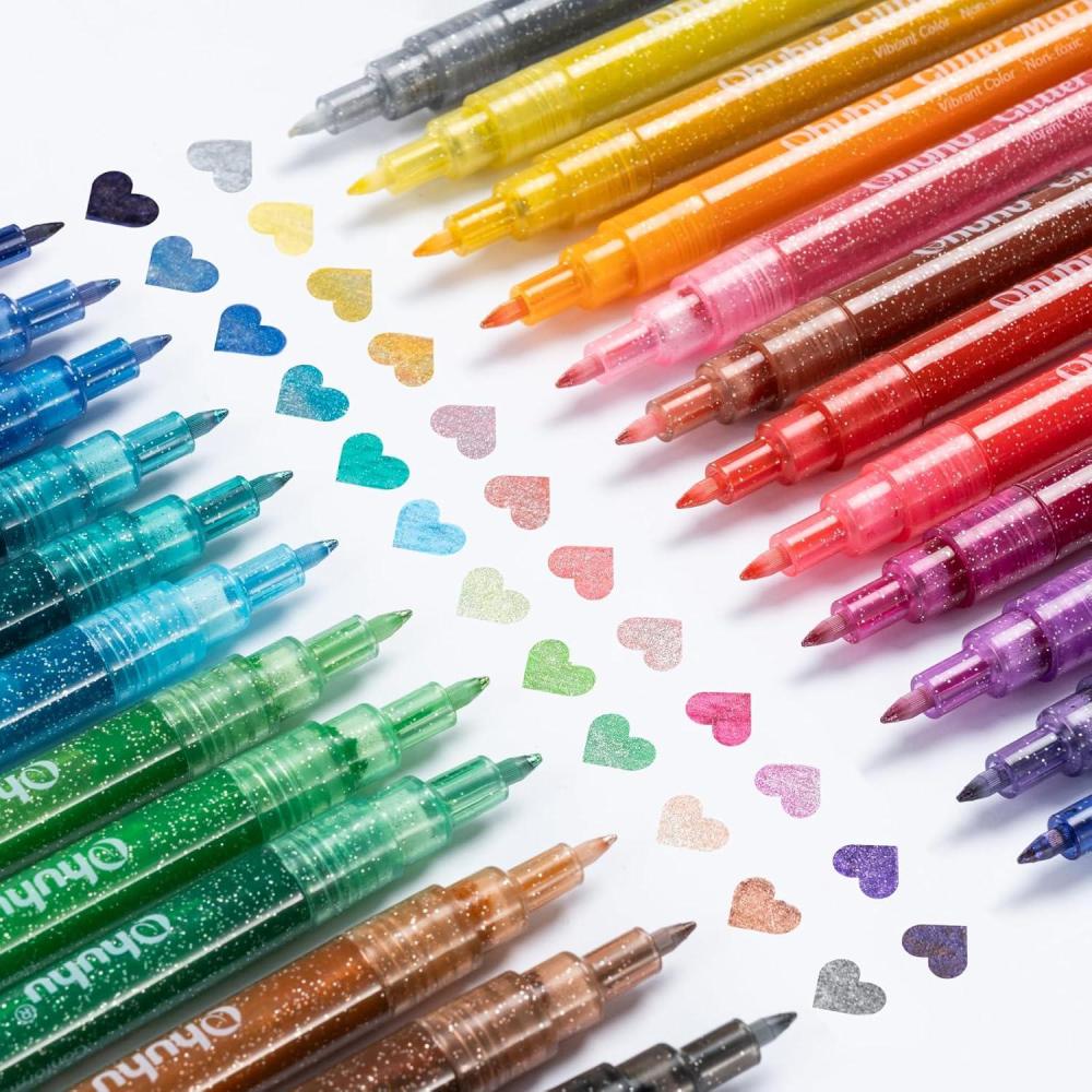 imageOhuhu Glitter Markers Pen 24 Glitter Colors Fine Point Tip Waterbased Metallic Shimmer Markers for Kids Adults DIY Crafts Greeting Birthday Cards Drawing Coloring Poster Album Scrapbooking Mugs Wood