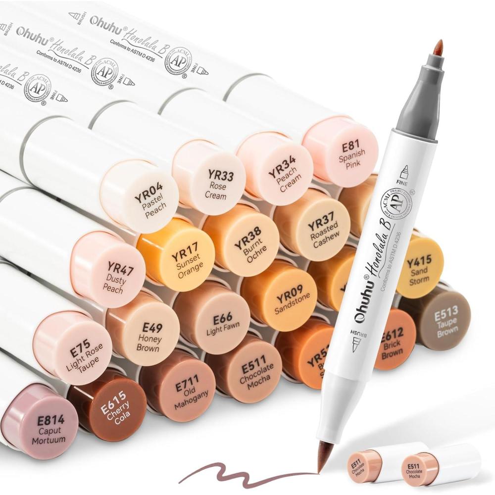 imageOhuhu Skin Tone Alcohol Markers Brush Tip  24 Portrait Color Markers for Artist Adults Coloring Illustration  Chisel ampamp Brush  Honolulu  RefillableFine  Brush
